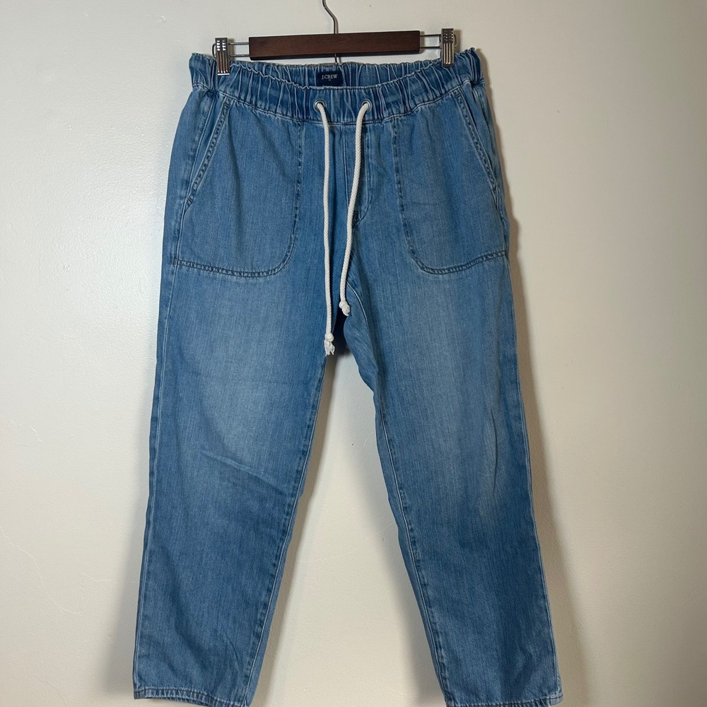 J Crew Women Denim Straight Leg Pant Light Wash Elastic Waist Drawstring Size 28